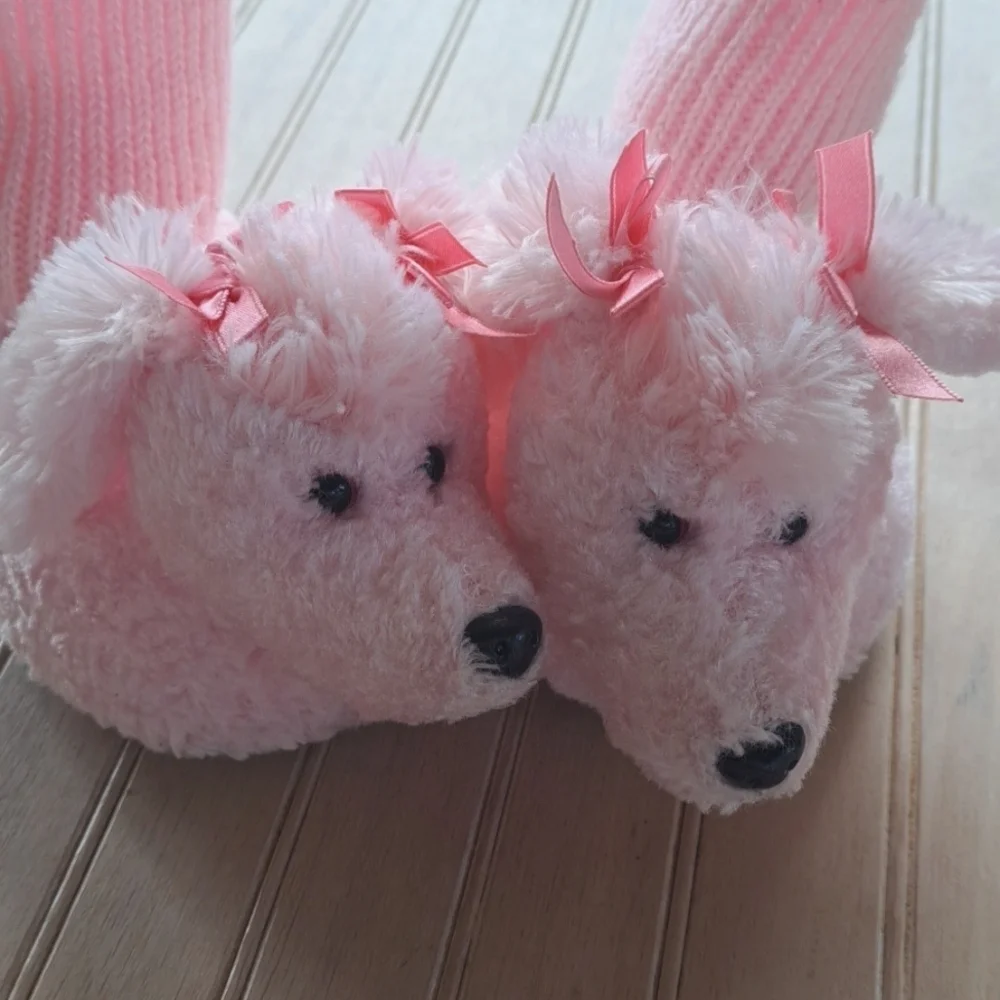 Adorable Pink Poodle Girl's Warm Sock Slippers Fun Playful Fluffy (Size 5-6)